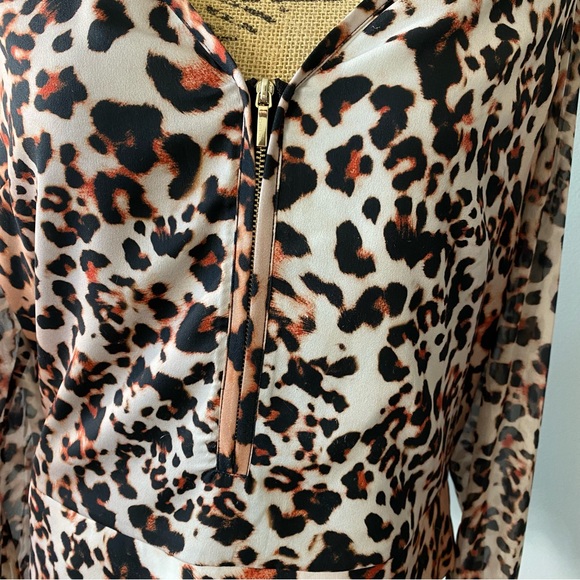 BEBE Cheetah Leopard Sheer Blouse Top with Half Front Zip - Picture 3 of 9